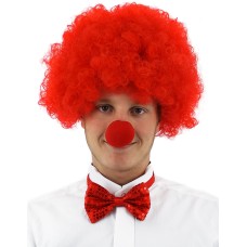 Kırmızı Renk Kıvırcık Afro Bonus Peruk Takma Saç ve Kırmızı Burun Seti