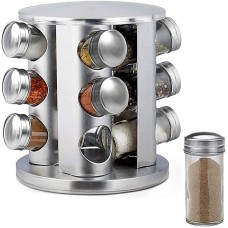 Döner Standlı Yuvarlak Cam Metal Kapaklı Baharatlık Düzenleyici - 12 Adet