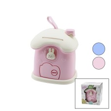 BÜYÜK=18X16X18CM EV MODELİ KİLİTLİ RENKLİ PLASTİK ÇOCUK KUMBARA TAVŞAN FİGÜRLÜ