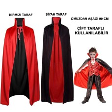 Çift Taraflı Kullanılabilir Siyah Kırmızı Yakalı Pelerin 90 cm Çocuk