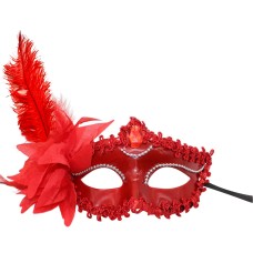 Kırmızı Mat Renk Yandan Tüylü Güllü Parti Balo Venedik Maskesi 16x22