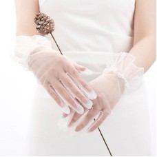 Kısa Boy Likralı Güpürlü Yetişkin Tül Eldiven Beyaz Renk