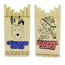 KIZ - ERKEK ÇOCUK FİGÜRLÜ (OĞLUMUN-KIZIMIN ODASI YAZILI AHŞAP ANAHTARLIK