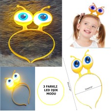 Led Işıklı &amp; Pilli 3 Farklı Modda Yanan Uzaylı Göz Parti Tacı Sarı Renk 18x12 cm
