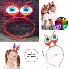 Led Işıklı &amp; Pilli 3 Farklı Modda Yanan Uzaylı Göz Parti Tacı Kırmızı Renk 18x12 cm