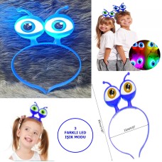 Led Işıklı &amp; Pilli 3 Farklı Modda Yanan Uzaylı Göz Parti Tacı Mavi Renk 18x12 cm