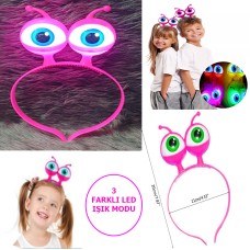 Led Işıklı &amp; Pilli 3 Farklı Modda Yanan Uzaylı Göz Parti Tacı Pembe Renk 18x12 cm