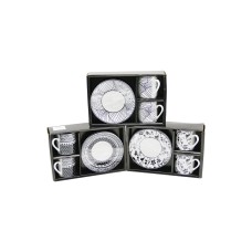 SİYAH - BEYAZ 4PCS=2-TAKIM  PORSELEN KAHVE FİNCANI  ÇİÇEK - ÇİZGİ - NOKTA MİX DESEN