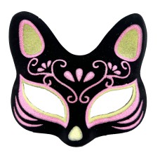 Siyah Renk Süet Kaplama Üzeri Sarı Pembe Simli Kedi Maskesi 17x14 cm