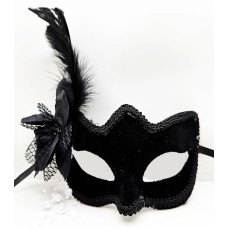 Siyah Renk Yandan Tüylü Beyaz İncili Süet Kaplama A Kalite Lüks Parti Maskesi 20x23 cm