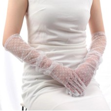 Uzun Boy Beyaz Puantiyeli Beyaz Renk Yetişkin Tül Eldiven 55 cm