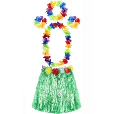 Yetişkin ve Çocuk Uyumlu Luau Aloha Hawaii Yeşil Etek ve Renkli Kolye Taç 2 Adet Bileklik Seti